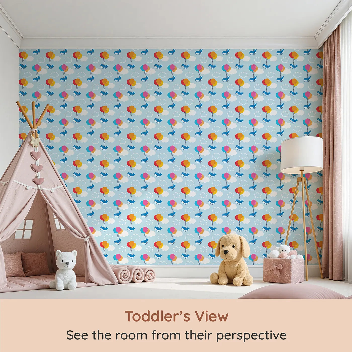 Whimsy Tots Whale Balloon Sky Ride Wallpaper (W2253) from your child's view.Where happy whales float through the clouds with colorful balloons.