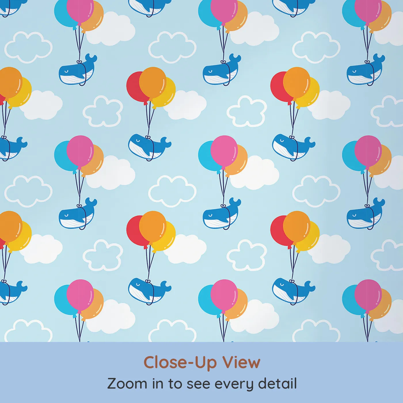 Close-up view of Whimsy Tots' Whale Balloon Sky Ride Wallpaper (W2253).Where happy whales float through the clouds with colorful balloons.