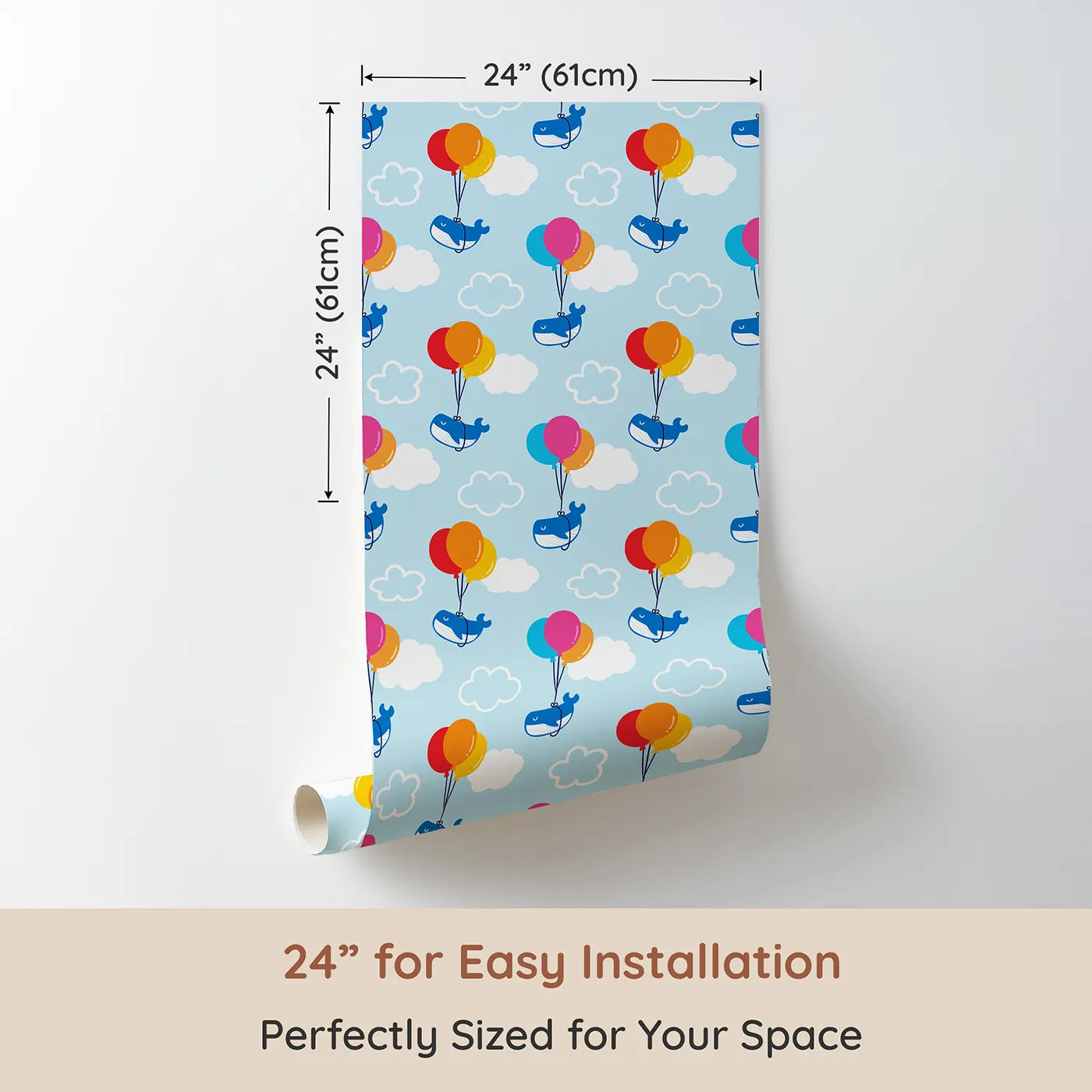 Dimension view of Whimsy Tots Whale Balloon Sky Ride Wallpaper (W2253). Printed in 24-inch-wide panel for easy installation. Where happy whales float through the clouds with colorful balloons.