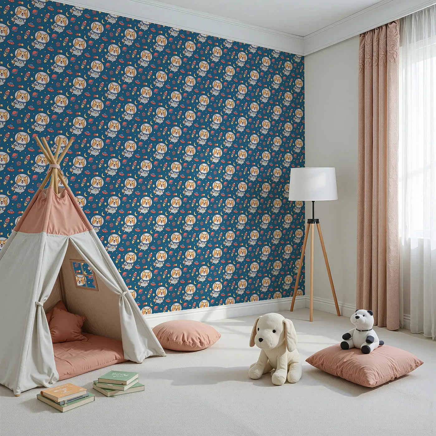 Angled view of Whimsy Tots' Corgi in Space Adventure Wallpaper (W2254).Where a brave corgi astronaut explores a galaxy of fun.