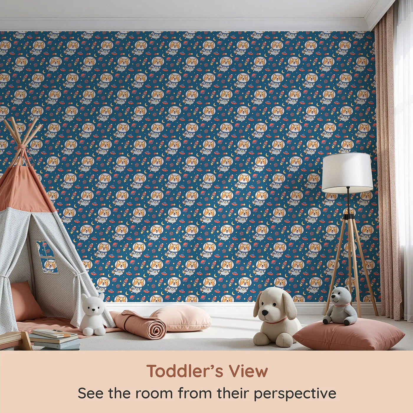 Whimsy Tots Corgi in Space Adventure Wallpaper (W2254) from your child's view.Where a brave corgi astronaut explores a galaxy of fun.