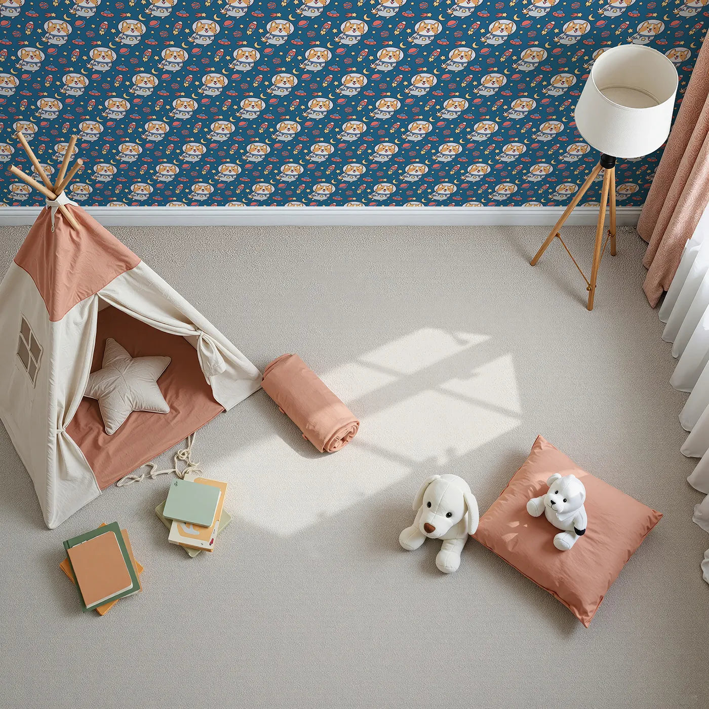 Top-Down view of Whimsy Tots' Corgi in Space Adventure Wallpaper (W2254).Where a brave corgi astronaut explores a galaxy of fun.
