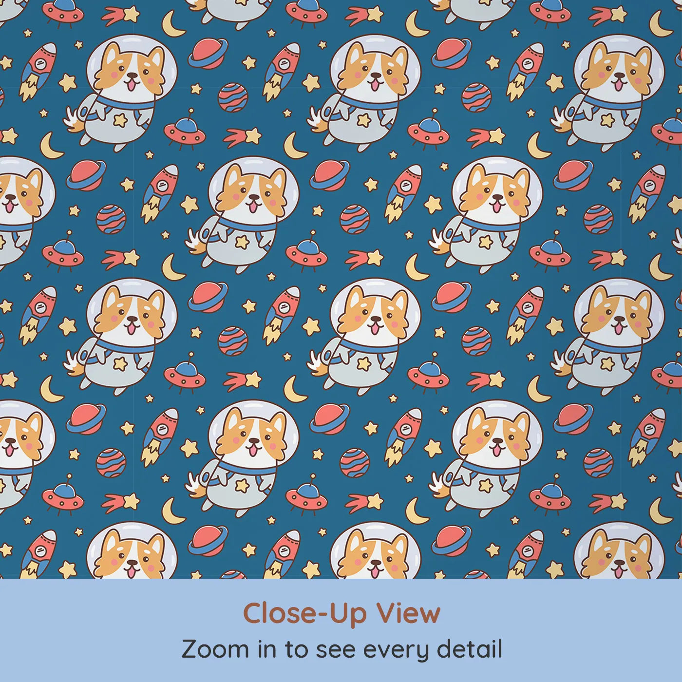 Close-up view of Whimsy Tots' Corgi in Space Adventure Wallpaper (W2254).Where a brave corgi astronaut explores a galaxy of fun.