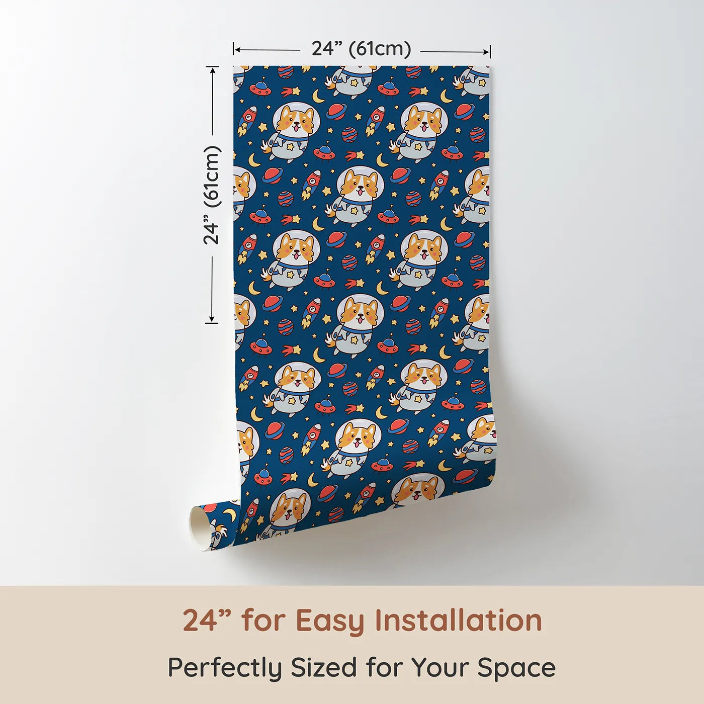 Dimension view of Whimsy Tots Corgi in Space Adventure Wallpaper (W2254). Printed in 24-inch-wide panel for easy installation. Where a brave corgi astronaut explores a galaxy of fun.