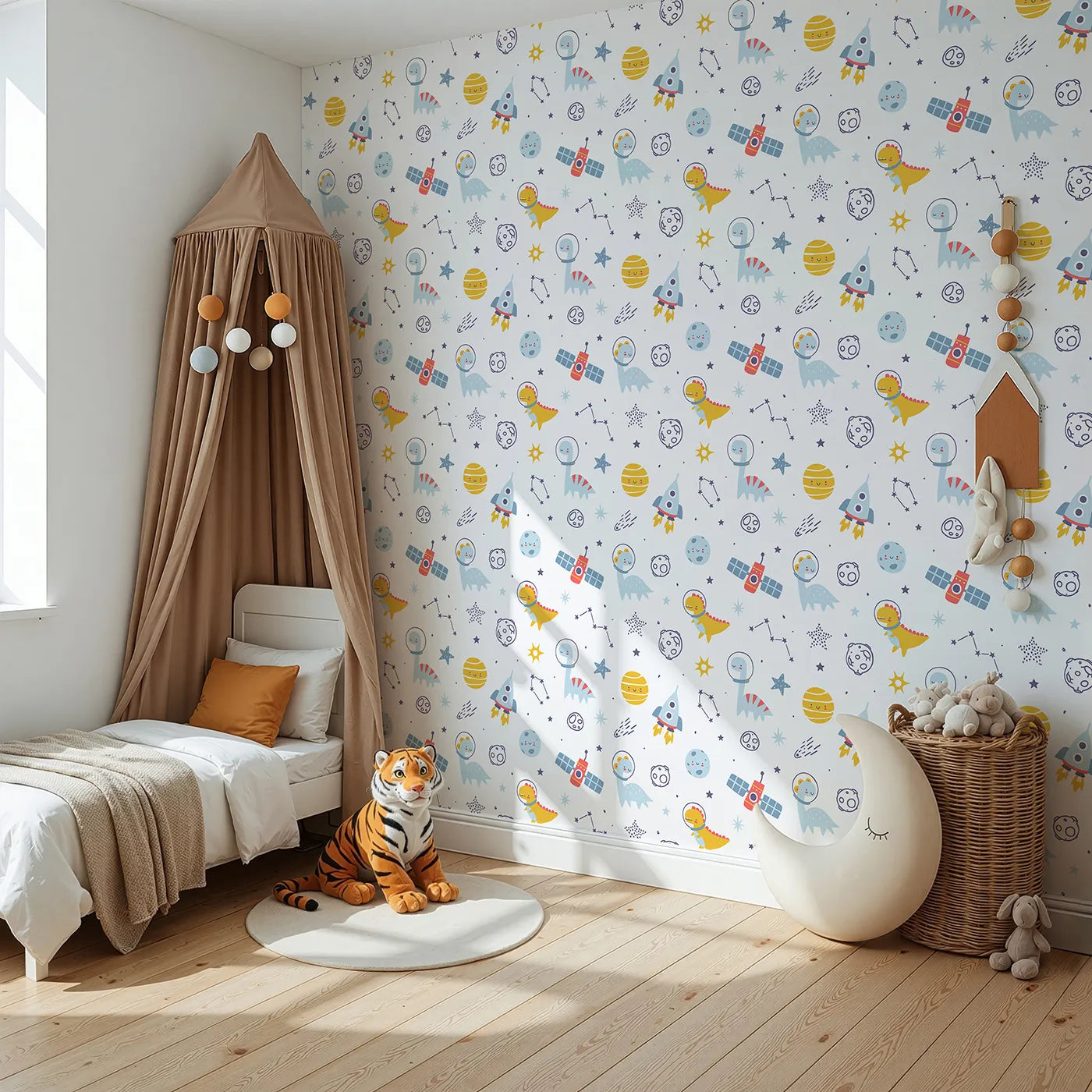 Angled view of Whimsy Tots' Dino Space Explorer Wallpaper (W2256).Where gentle dinosaurs discover a friendly, cartoon galaxy.