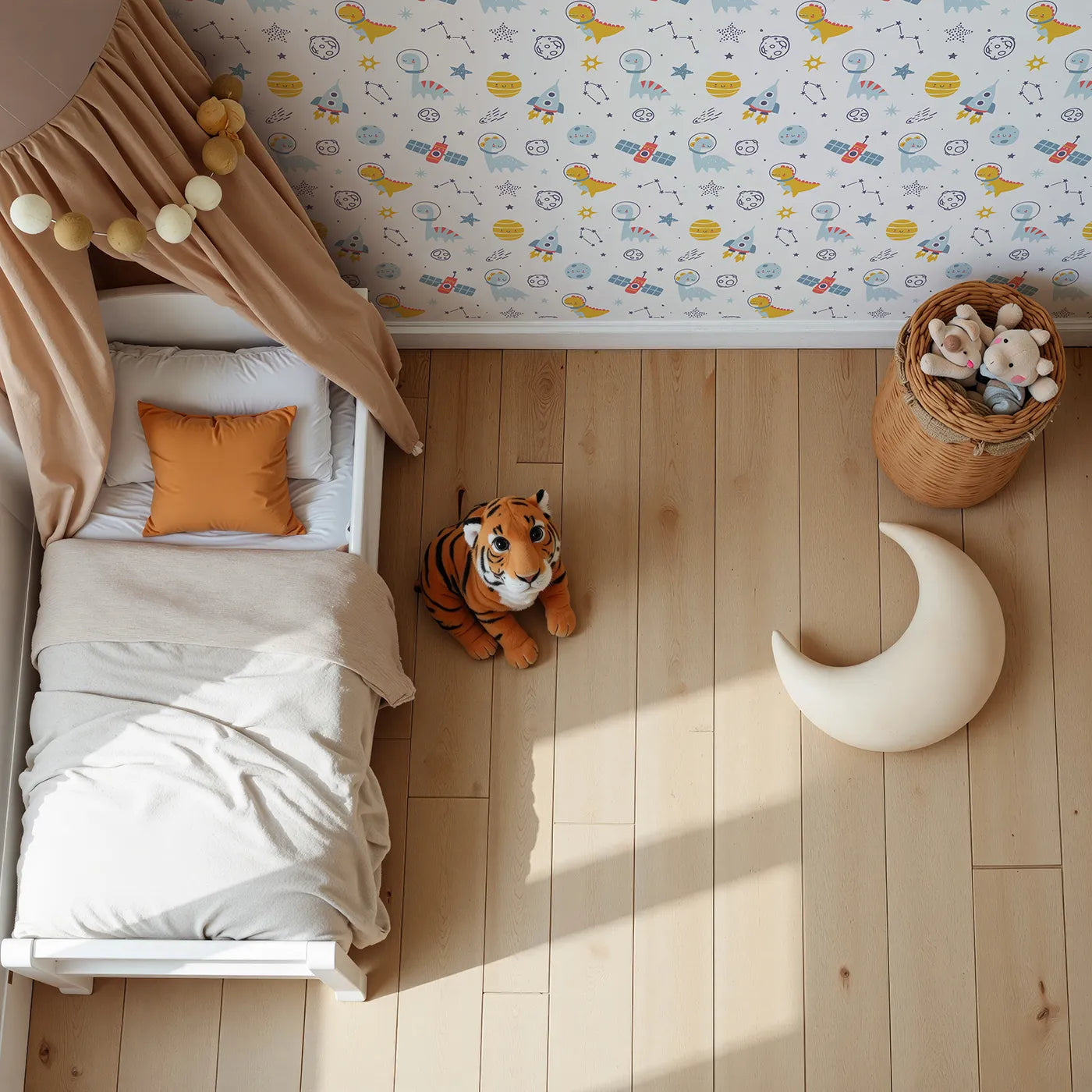 Top-Down view of Whimsy Tots' Dino Space Explorer Wallpaper (W2256).Where gentle dinosaurs discover a friendly, cartoon galaxy.