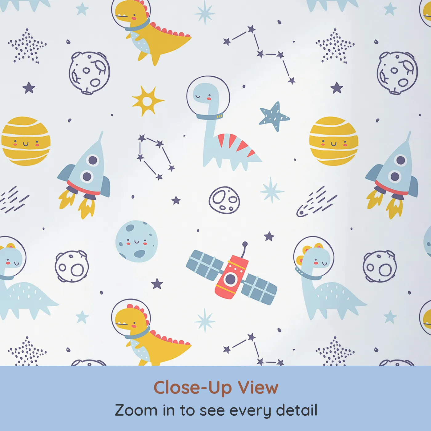 Close-up view of Whimsy Tots' Dino Space Explorer Wallpaper (W2256).Where gentle dinosaurs discover a friendly, cartoon galaxy.