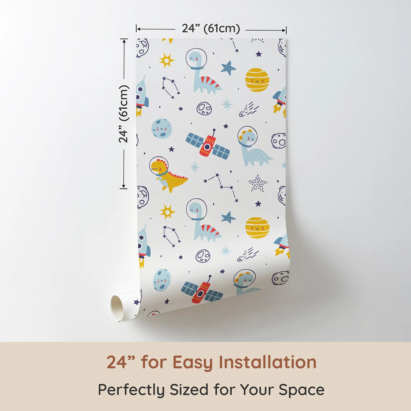 Dimension view of Whimsy Tots Dino Space Explorer Wallpaper (W2256). Printed in 24-inch-wide panel for easy installation. Where gentle dinosaurs discover a friendly, cartoon galaxy.