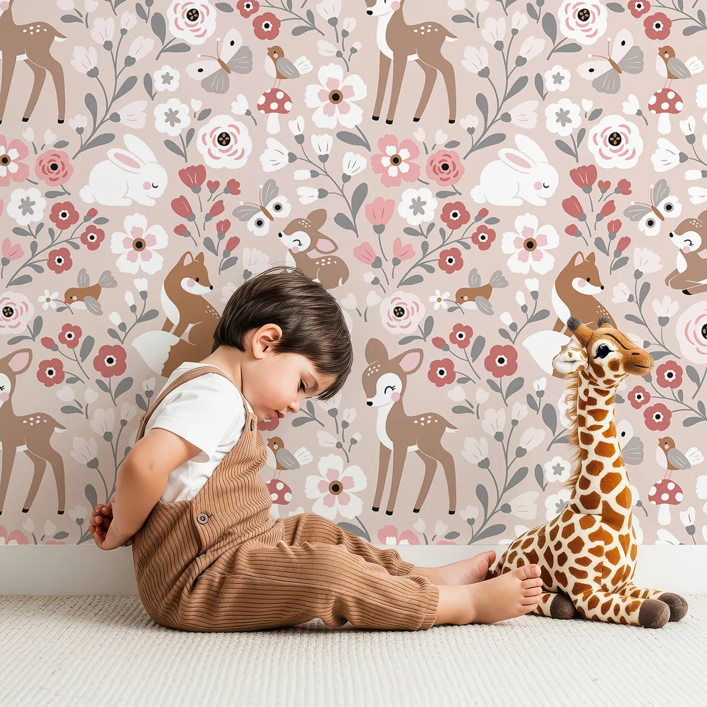 Lovely child standing in front of Whimsy Tots Blush Woodland Friends Garden Wallpaper with woodland, animal, flower, fox, deer in design.