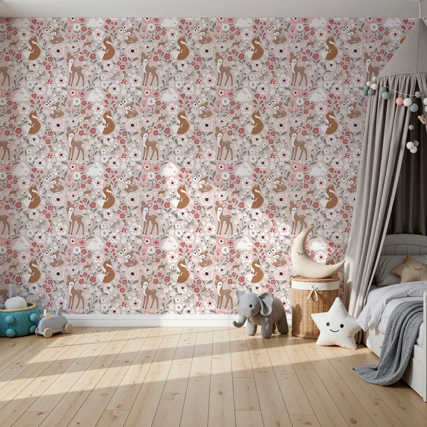 Front view of Whimsy Tots' Blush Woodland Friends Garden Wallpaper