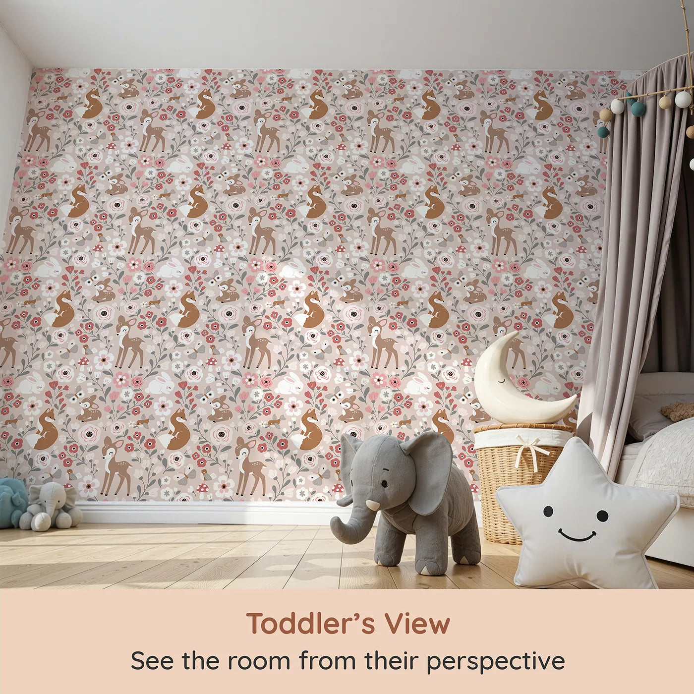Whimsy Tots Blush Woodland Friends Garden Wallpaper (W2257) from your child's view.Where the cutest woodland creatures play among the flowers.
