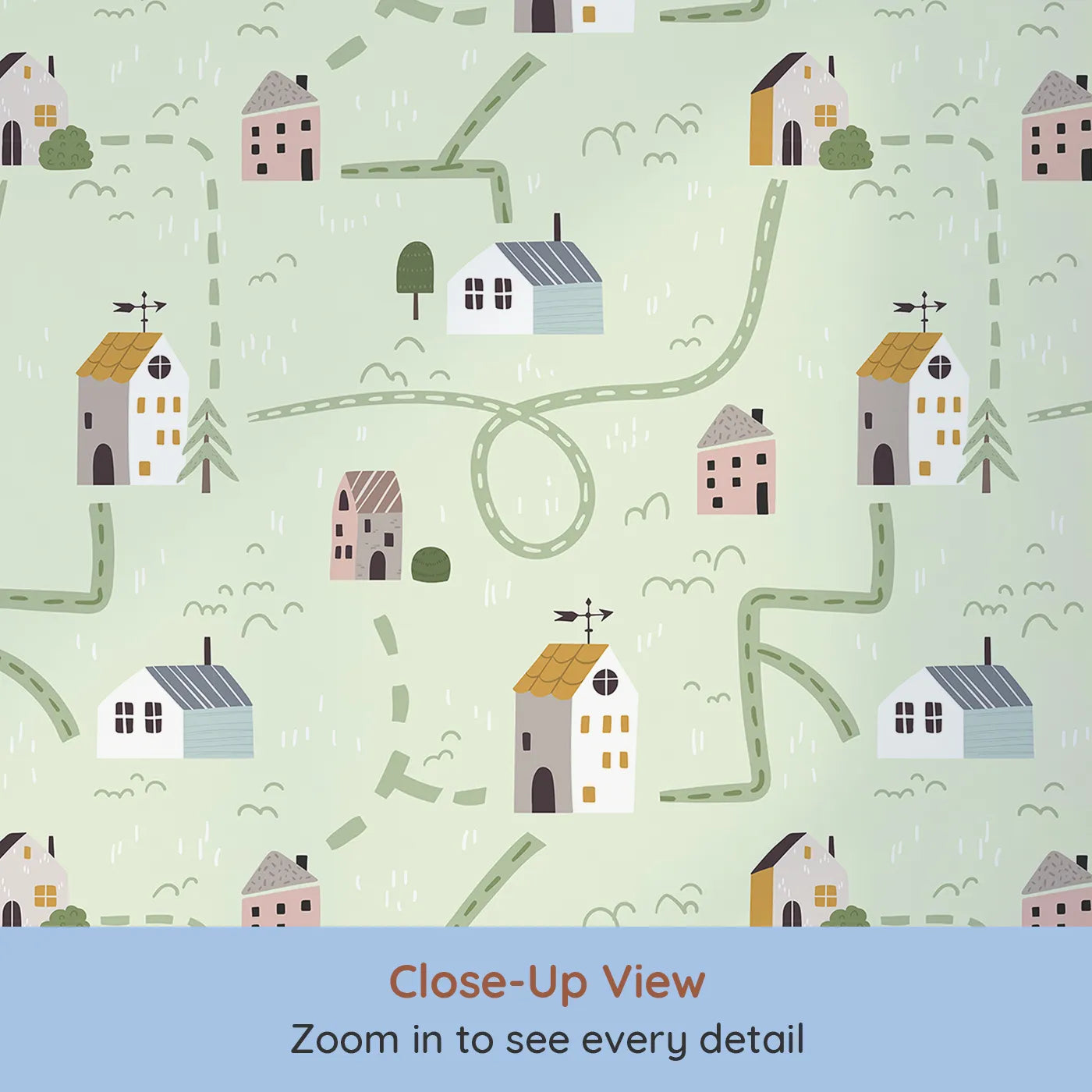 Close-up view of Whimsy Tots' Winding Roads Village Map Wallpaper (W2258).Where winding roads connect a neighborhood of sweet, simple houses.