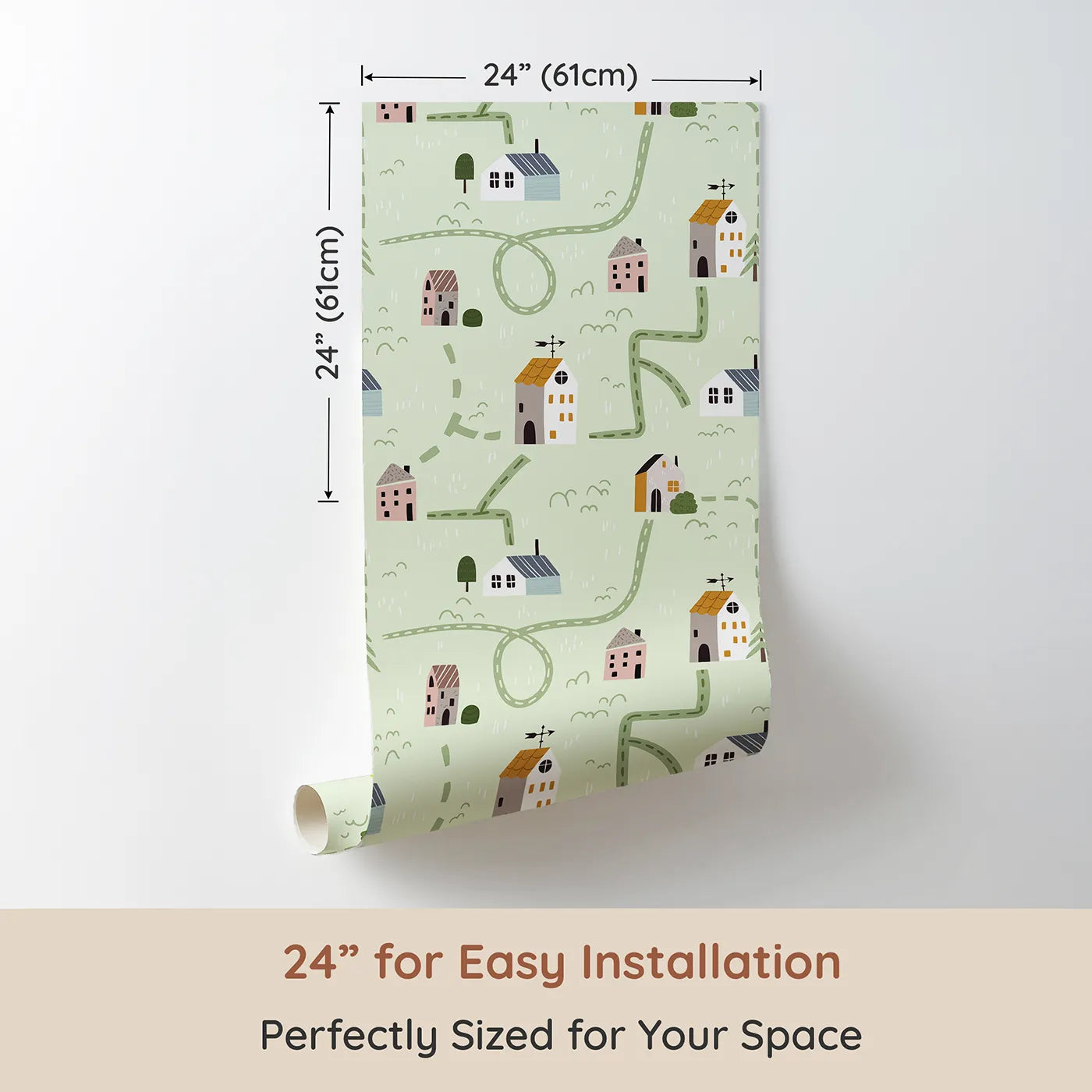 Dimension view of Whimsy Tots Winding Roads Village Map Wallpaper (W2258). Printed in 24-inch-wide panel for easy installation. Where winding roads connect a neighborhood of sweet, simple houses.