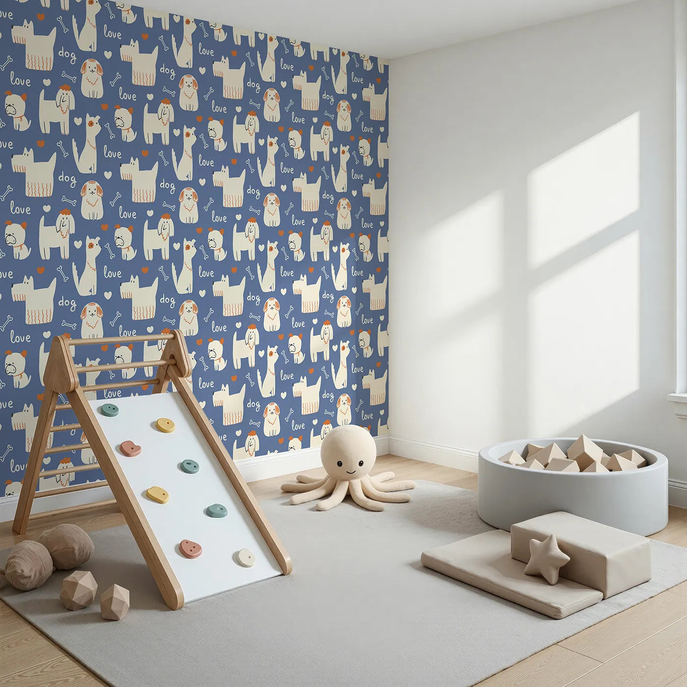 Angled view of Whimsy Tots' Doggy Love Doodle Wallpaper (W2260).Where a pack of quirky, lovable dogs are waiting to play.