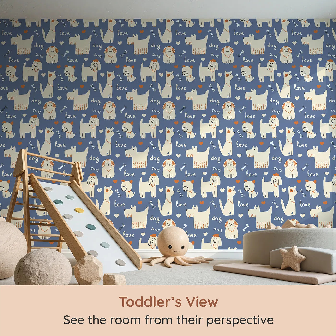 Whimsy Tots Doggy Love Doodle Wallpaper (W2260) from your child's view.Where a pack of quirky, lovable dogs are waiting to play.