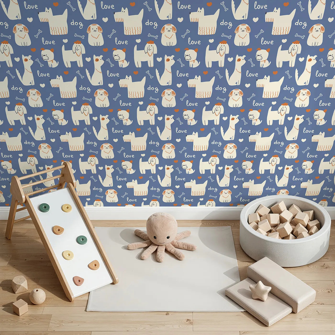 Top-Down view of Whimsy Tots' Doggy Love Doodle Wallpaper (W2260).Where a pack of quirky, lovable dogs are waiting to play.