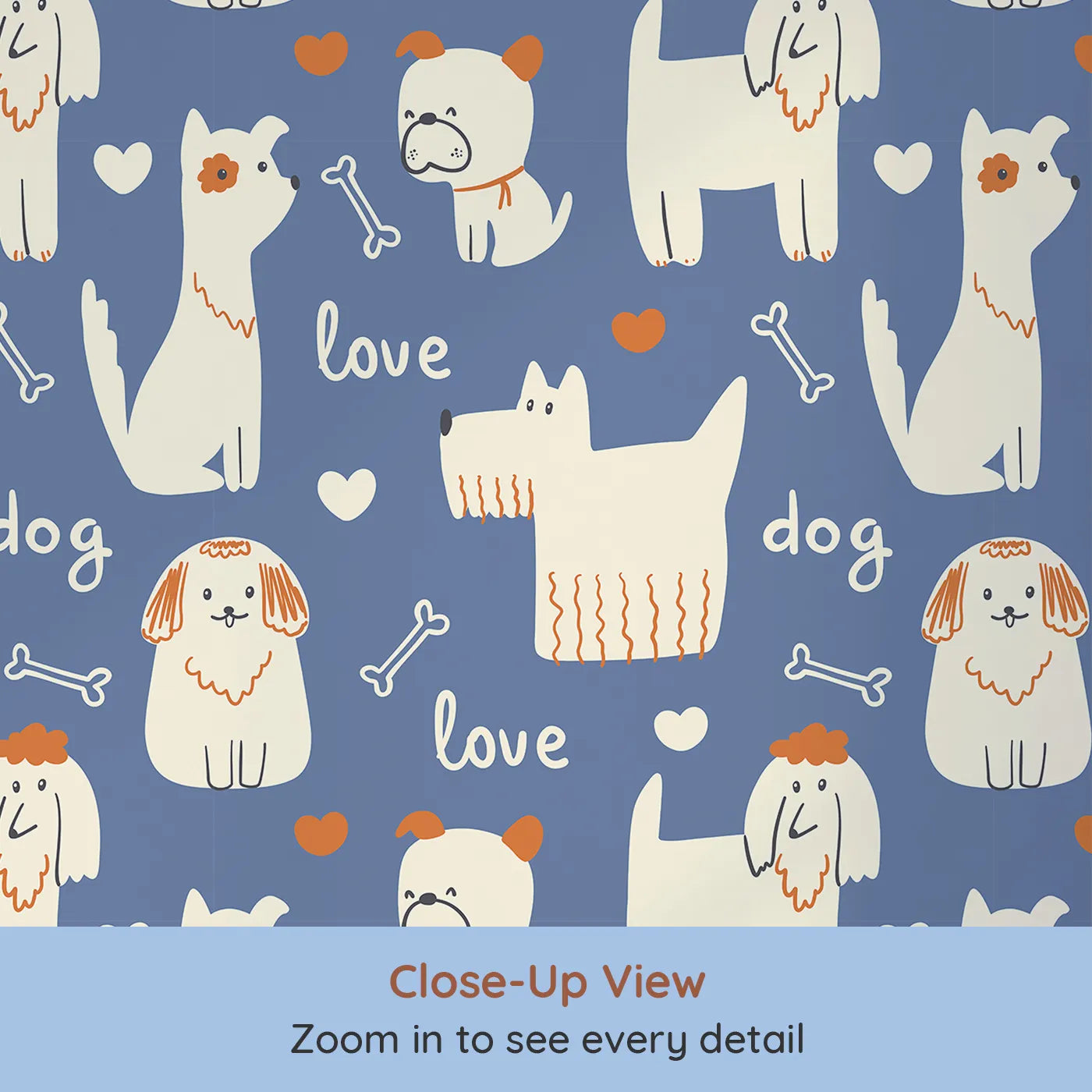 Close-up view of Whimsy Tots' Doggy Love Doodle Wallpaper (W2260).Where a pack of quirky, lovable dogs are waiting to play.
