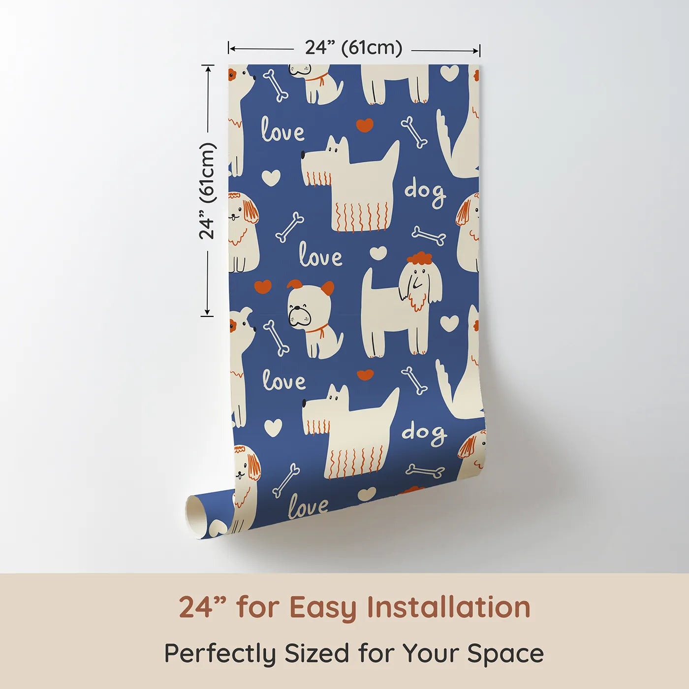 Dimension view of Whimsy Tots Doggy Love Doodle Wallpaper (W2260). Printed in 24-inch-wide panel for easy installation. Where a pack of quirky, lovable dogs are waiting to play.