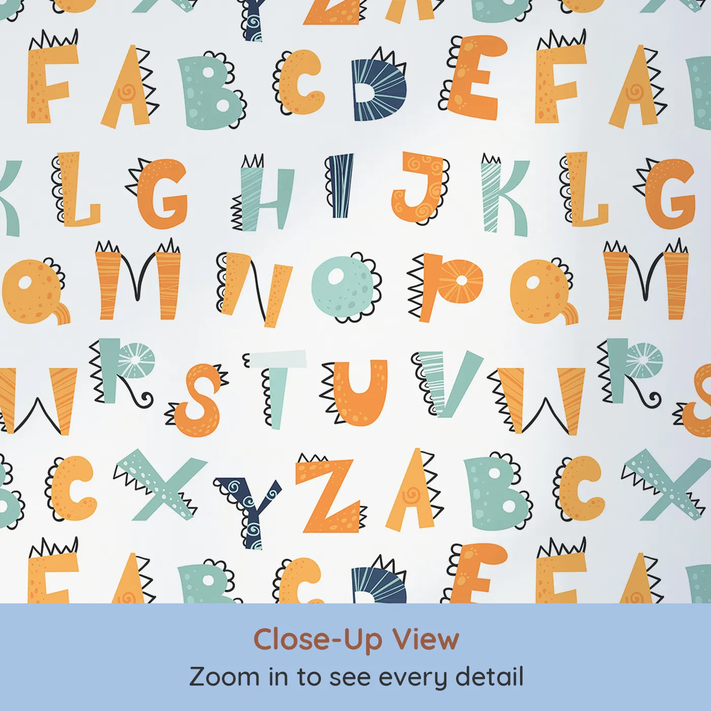 Close-up view of Whimsy Tots' Dino Spikes Alphabet Wallpaper (W2261).Where every letter has a fun, dinosaur-inspired twist.