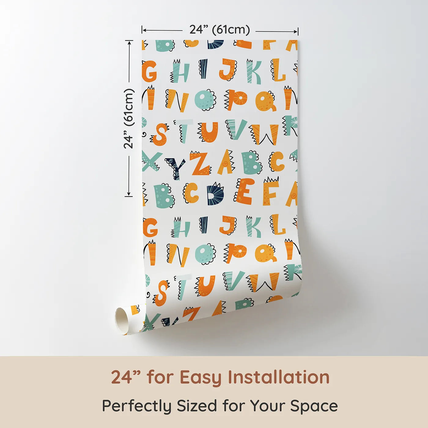 Dimension view of Whimsy Tots Dino Spikes Alphabet Wallpaper (W2261). Printed in 24-inch-wide panel for easy installation. Where every letter has a fun, dinosaur-inspired twist.