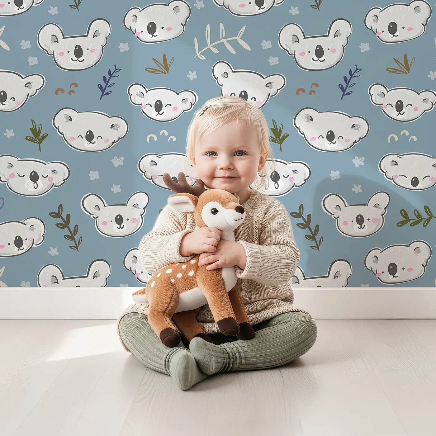 Lovely child standing in front of Whimsy Tots Sleepy Koala Faces Wallpaper with koala, face, sleepy, cute, doodle in design.