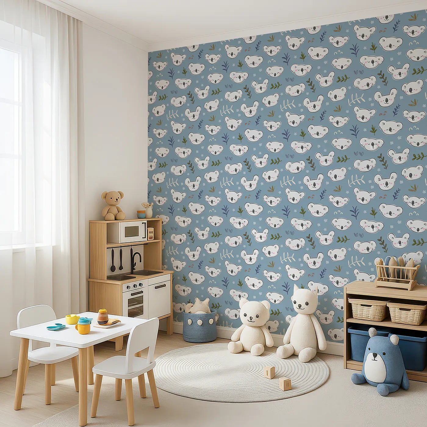 Angled view of Whimsy Tots' Sleepy Koala Faces Wallpaper (W2262).Where a whole group of sleepy koalas is ready for a nap.