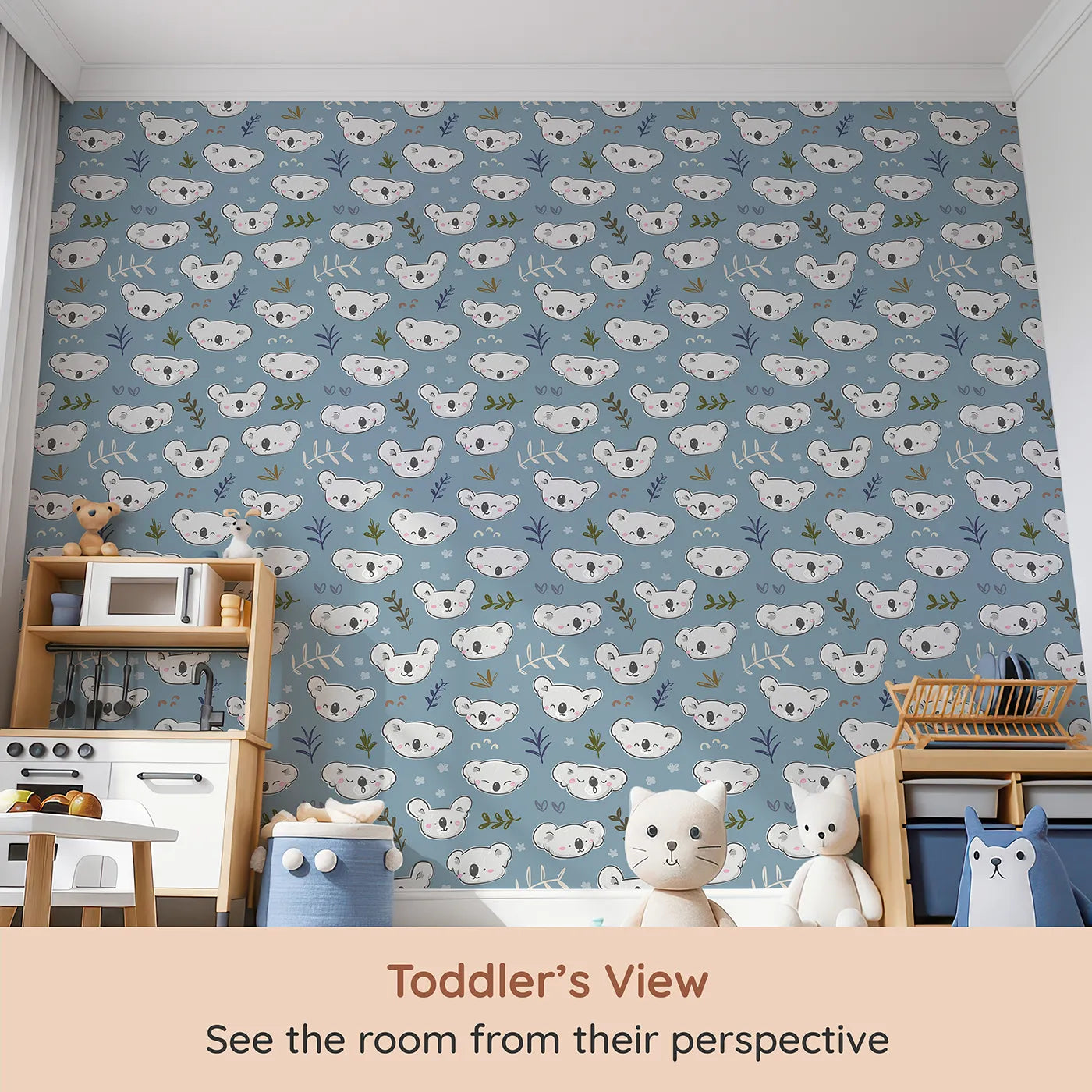 Whimsy Tots Sleepy Koala Faces Wallpaper (W2262) from your child's view.Where a whole group of sleepy koalas is ready for a nap.