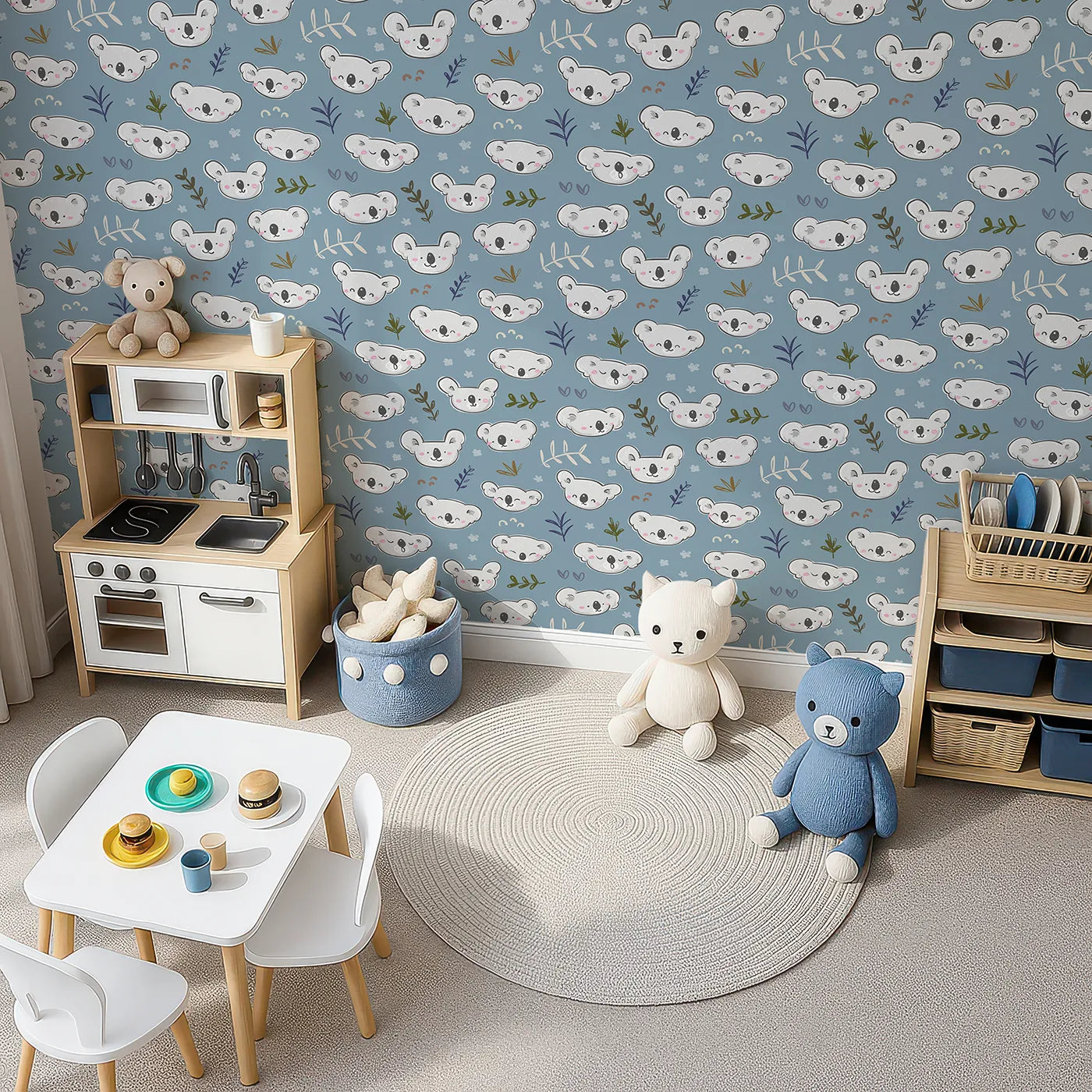 Top-Down view of Whimsy Tots' Sleepy Koala Faces Wallpaper (W2262).Where a whole group of sleepy koalas is ready for a nap.