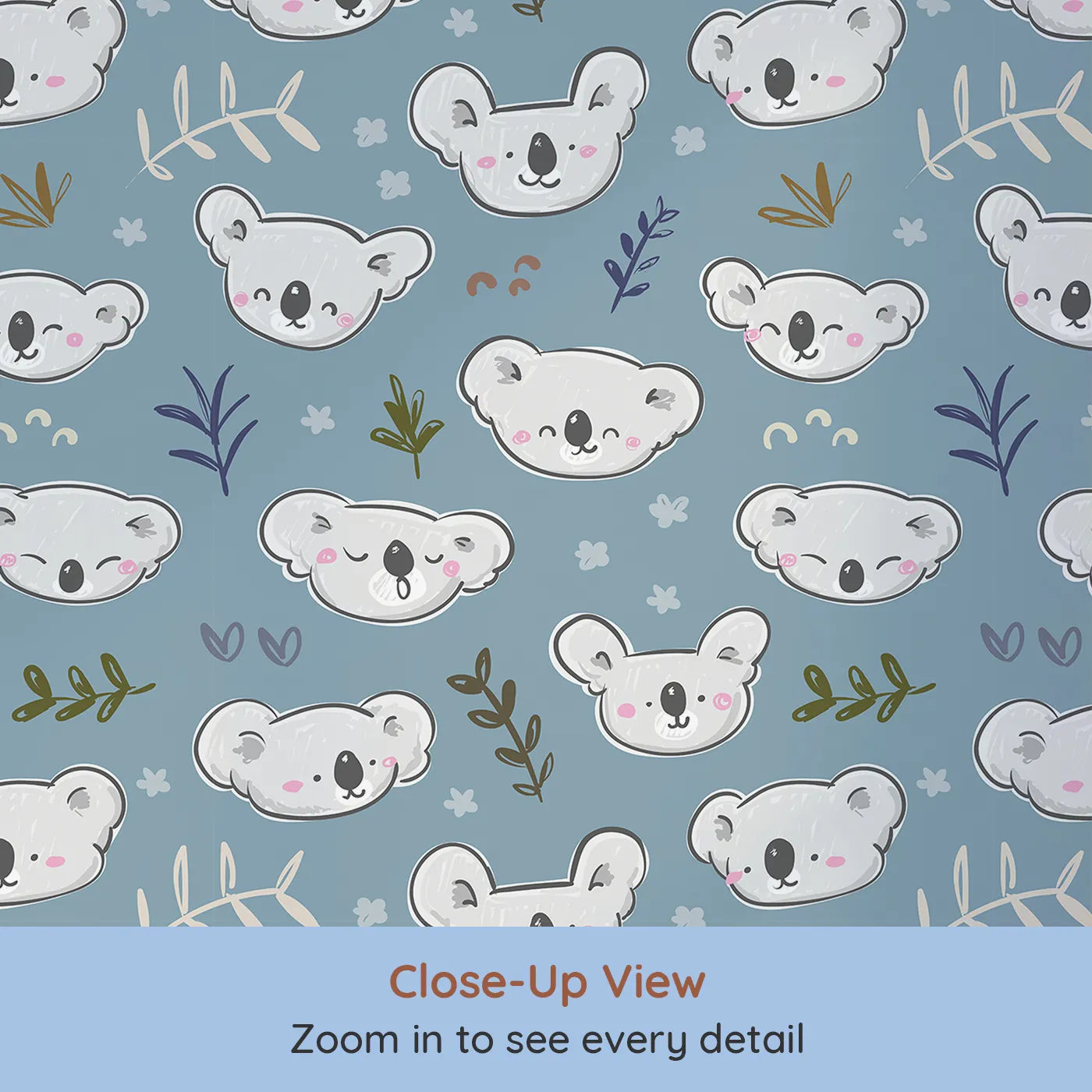Close-up view of Whimsy Tots' Sleepy Koala Faces Wallpaper (W2262).Where a whole group of sleepy koalas is ready for a nap.