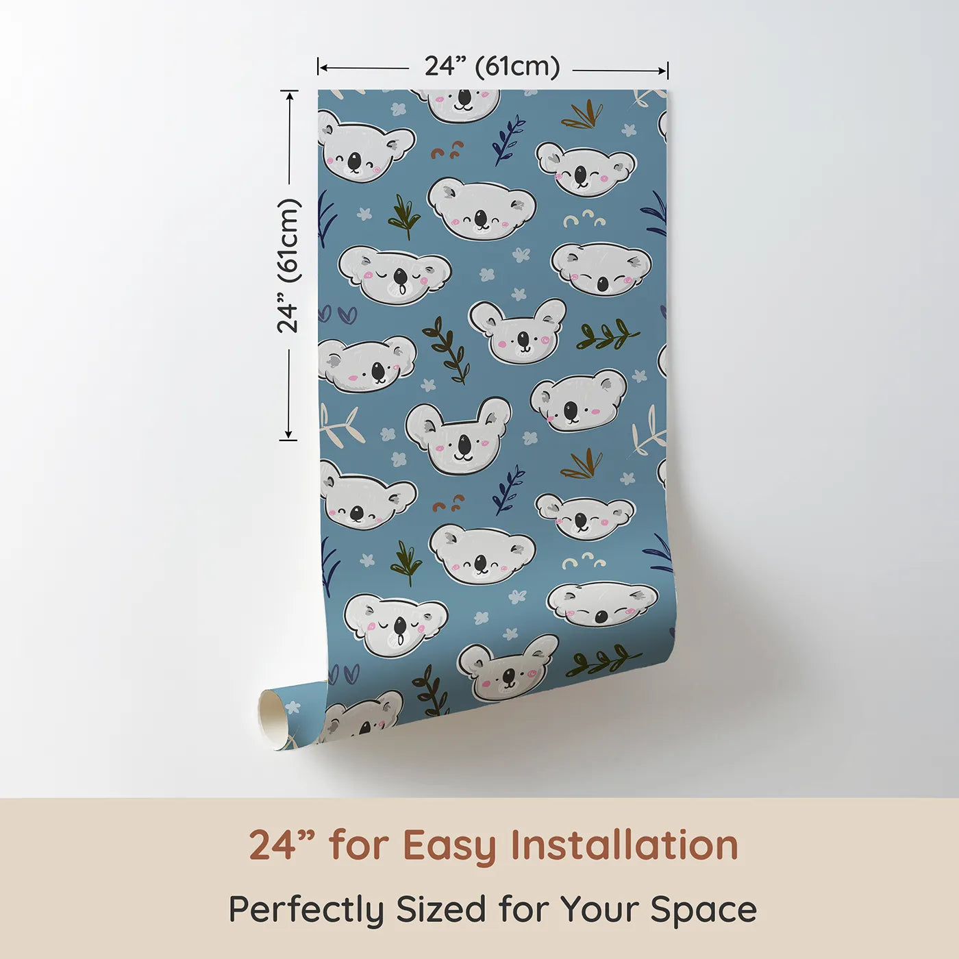 Dimension view of Whimsy Tots Sleepy Koala Faces Wallpaper (W2262). Printed in 24-inch-wide panel for easy installation. Where a whole group of sleepy koalas is ready for a nap.