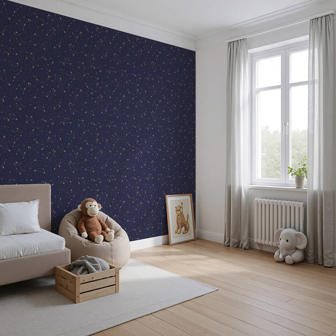 Angled view of Whimsy Tots' Golden Constellation Sky Wallpaper (W2263).Where golden constellations glitter in a deep midnight sky.