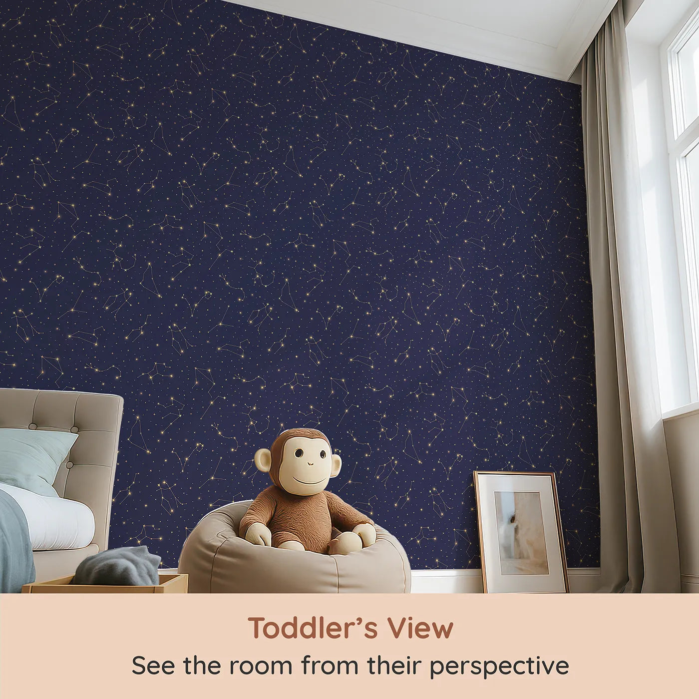 Whimsy Tots Golden Constellation Sky Wallpaper (W2263) from your child's view.Where golden constellations glitter in a deep midnight sky.