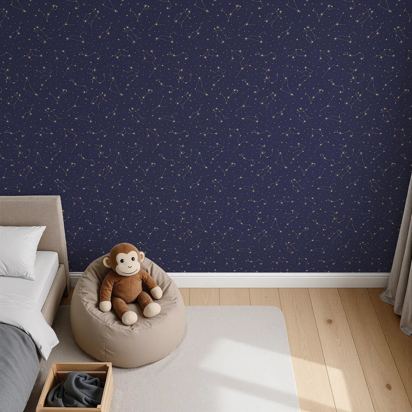 Top-Down view of Whimsy Tots' Golden Constellation Sky Wallpaper (W2263).Where golden constellations glitter in a deep midnight sky.