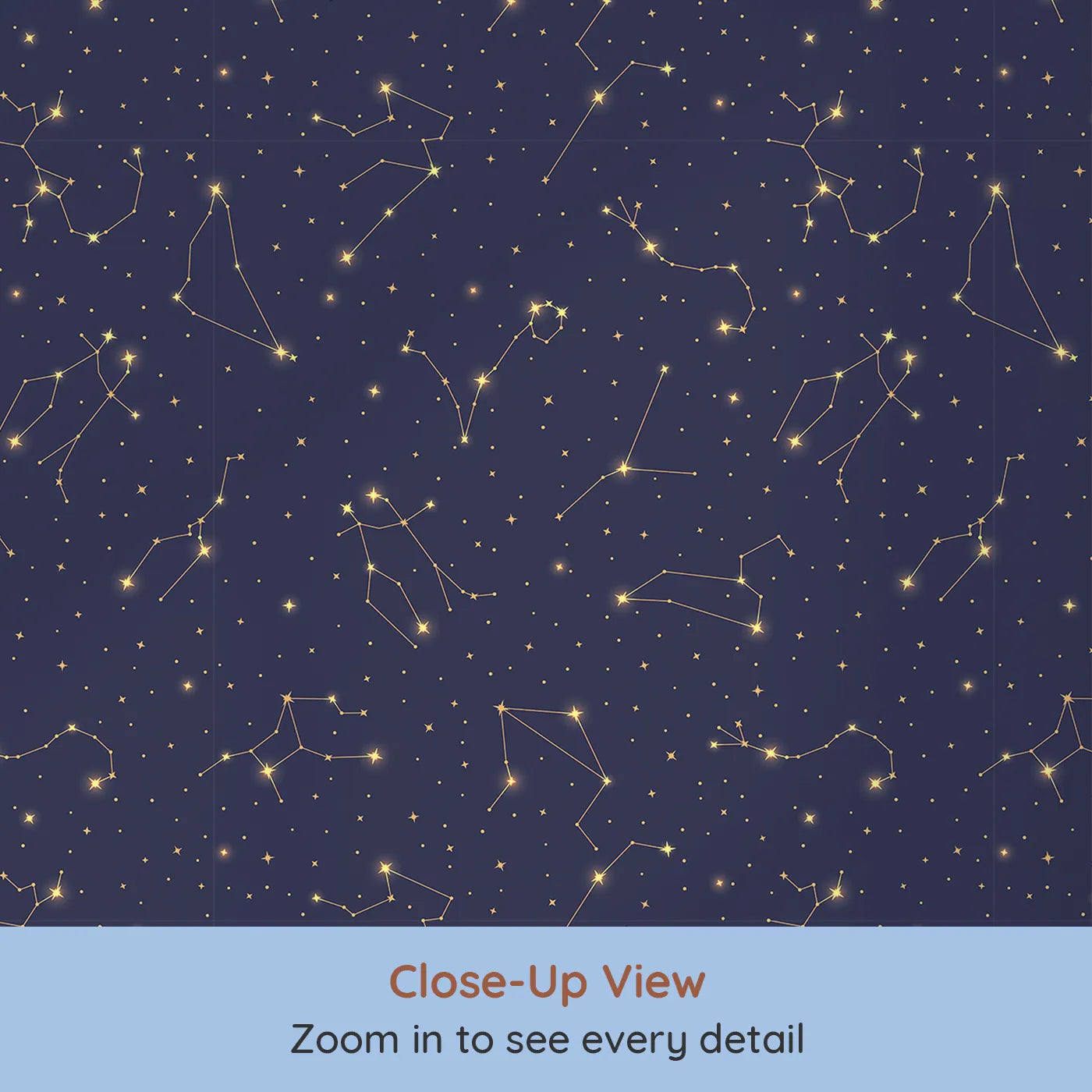 Close-up view of Whimsy Tots' Golden Constellation Sky Wallpaper (W2263).Where golden constellations glitter in a deep midnight sky.