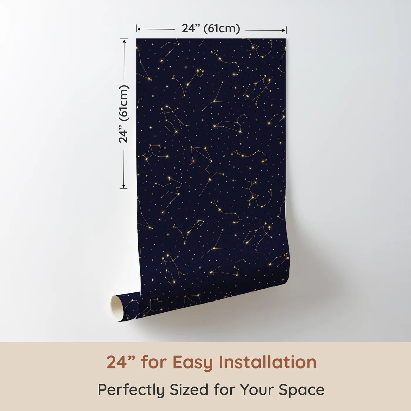 Dimension view of Whimsy Tots Golden Constellation Sky Wallpaper (W2263). Printed in 24-inch-wide panel for easy installation. Where golden constellations glitter in a deep midnight sky.