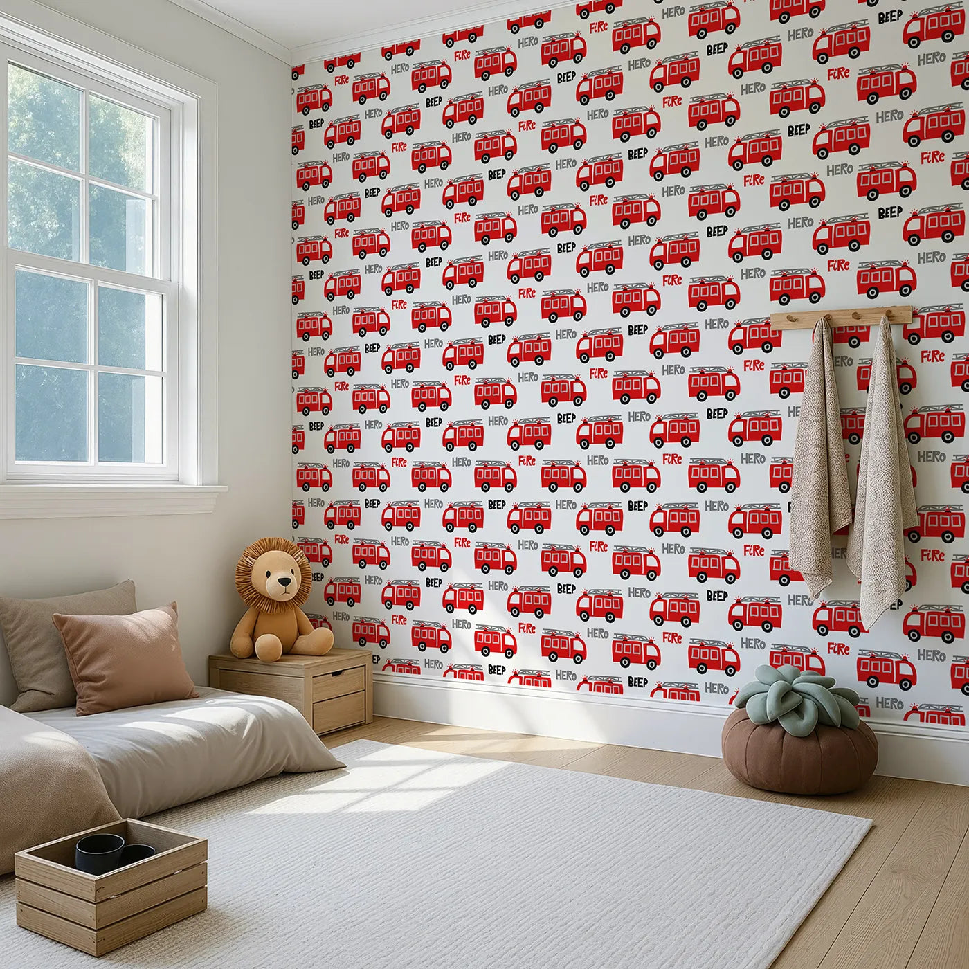 Angled view of Whimsy Tots' Fire Truck Hero Wallpaper (W2264).Where brave fire trucks are always ready to be a hero.