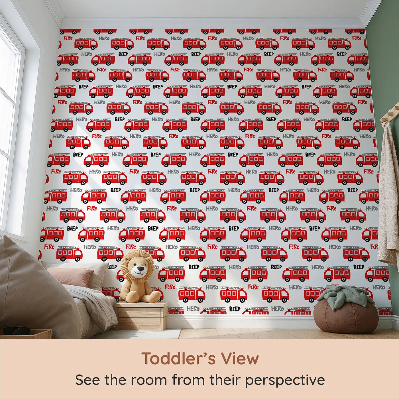 Whimsy Tots Fire Truck Hero Wallpaper (W2264) from your child's view.Where brave fire trucks are always ready to be a hero.
