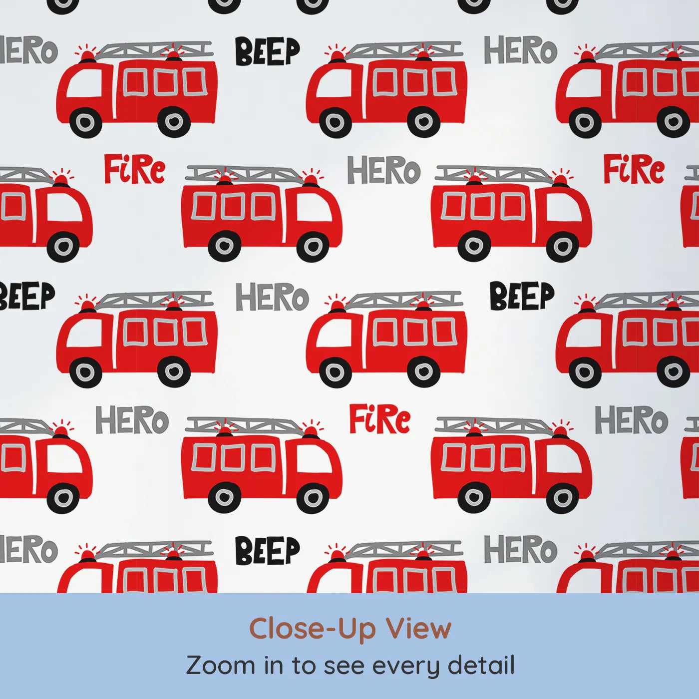 Close-up view of Whimsy Tots' Fire Truck Hero Wallpaper (W2264).Where brave fire trucks are always ready to be a hero.