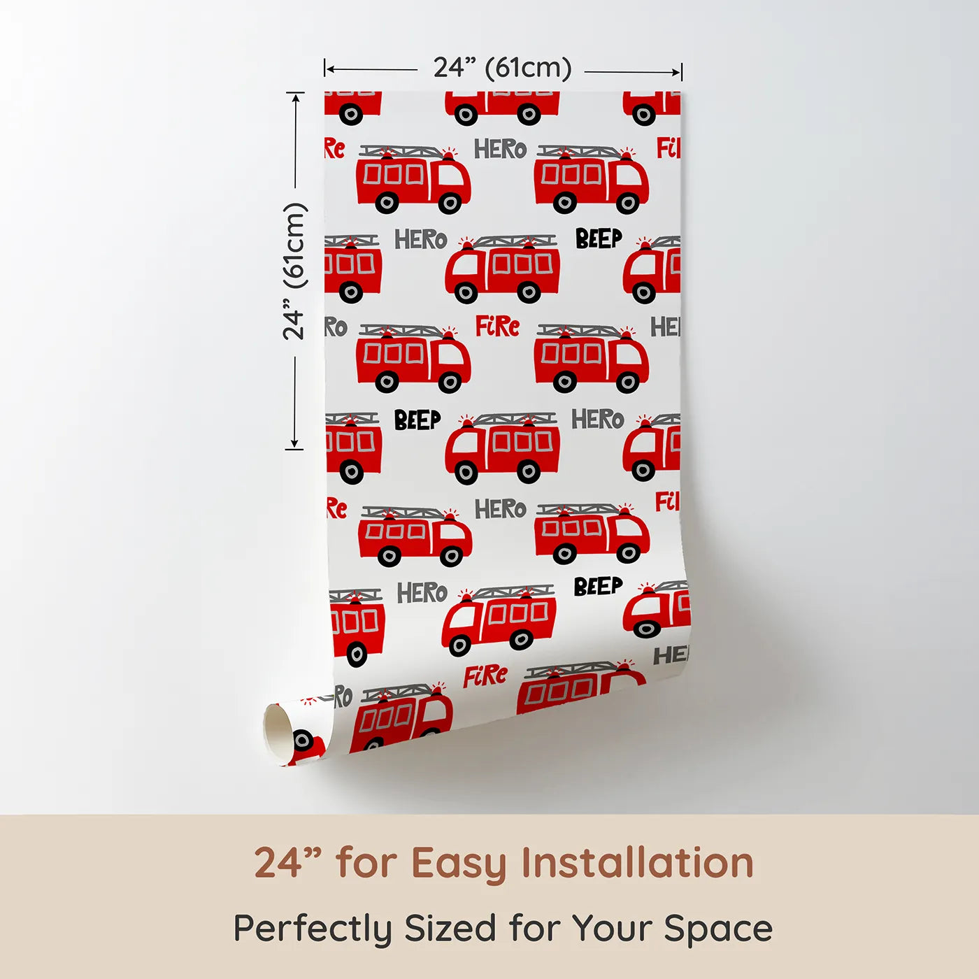 Dimension view of Whimsy Tots Fire Truck Hero Wallpaper (W2264). Printed in 24-inch-wide panel for easy installation. Where brave fire trucks are always ready to be a hero.