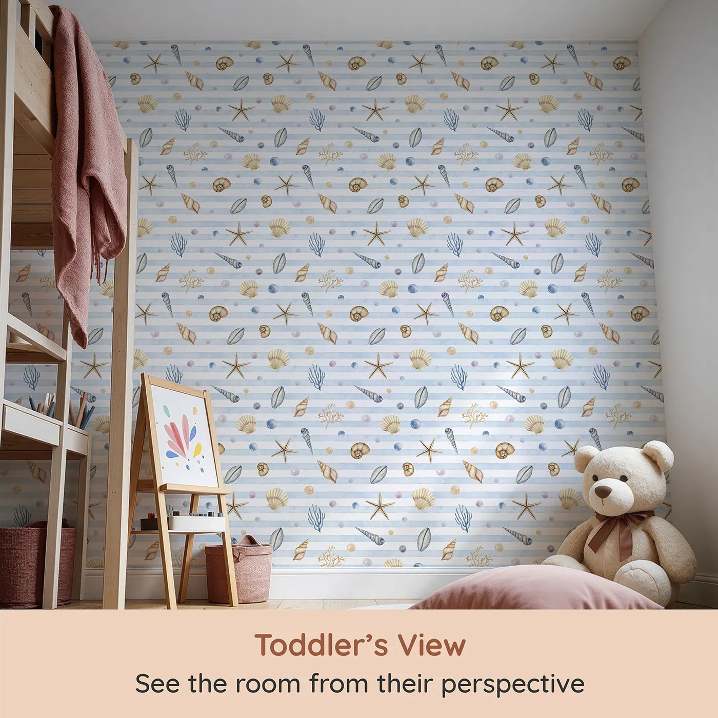 Whimsy Tots Watercolor Seashell Stripes Wallpaper (W2265) from your child's view.Where beautiful, hand-painted treasures rest on a soft, sandy stripe.