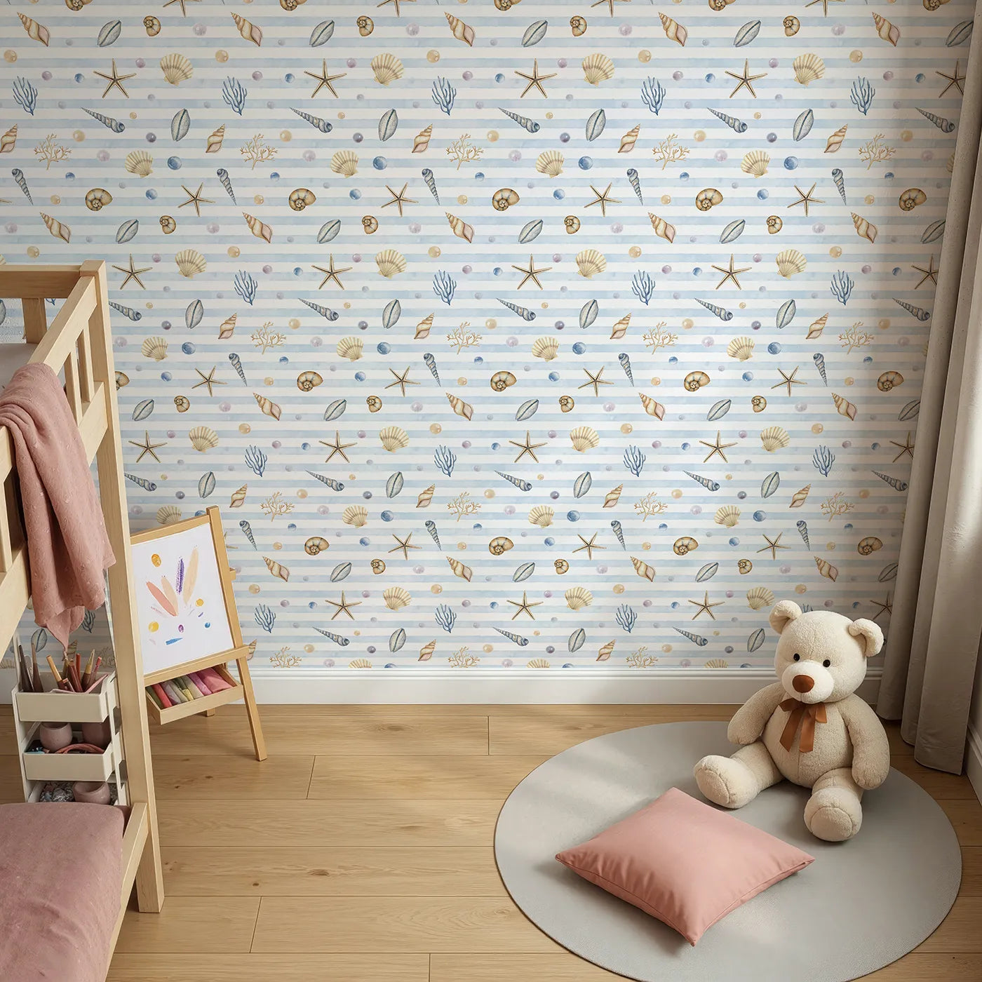 Top-Down view of Whimsy Tots' Watercolor Seashell Stripes Wallpaper (W2265).Where beautiful, hand-painted treasures rest on a soft, sandy stripe.