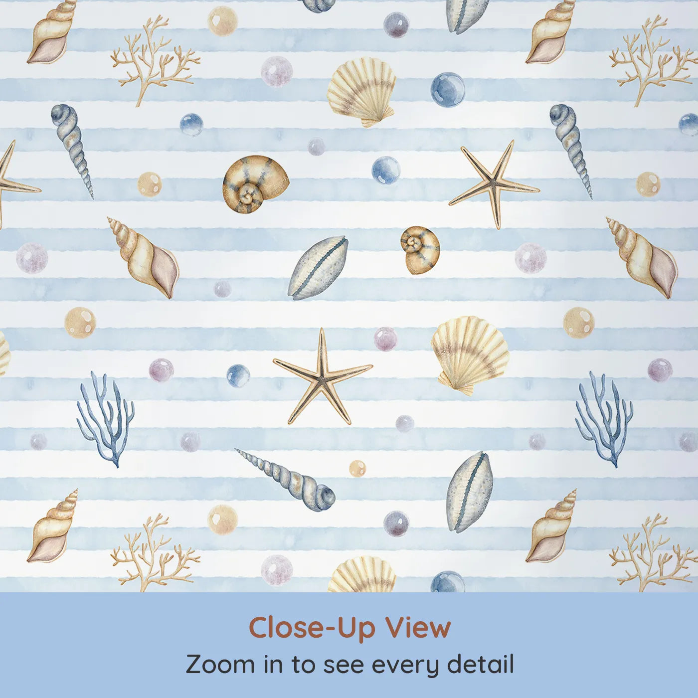 Close-up view of Whimsy Tots' Watercolor Seashell Stripes Wallpaper (W2265).Where beautiful, hand-painted treasures rest on a soft, sandy stripe.