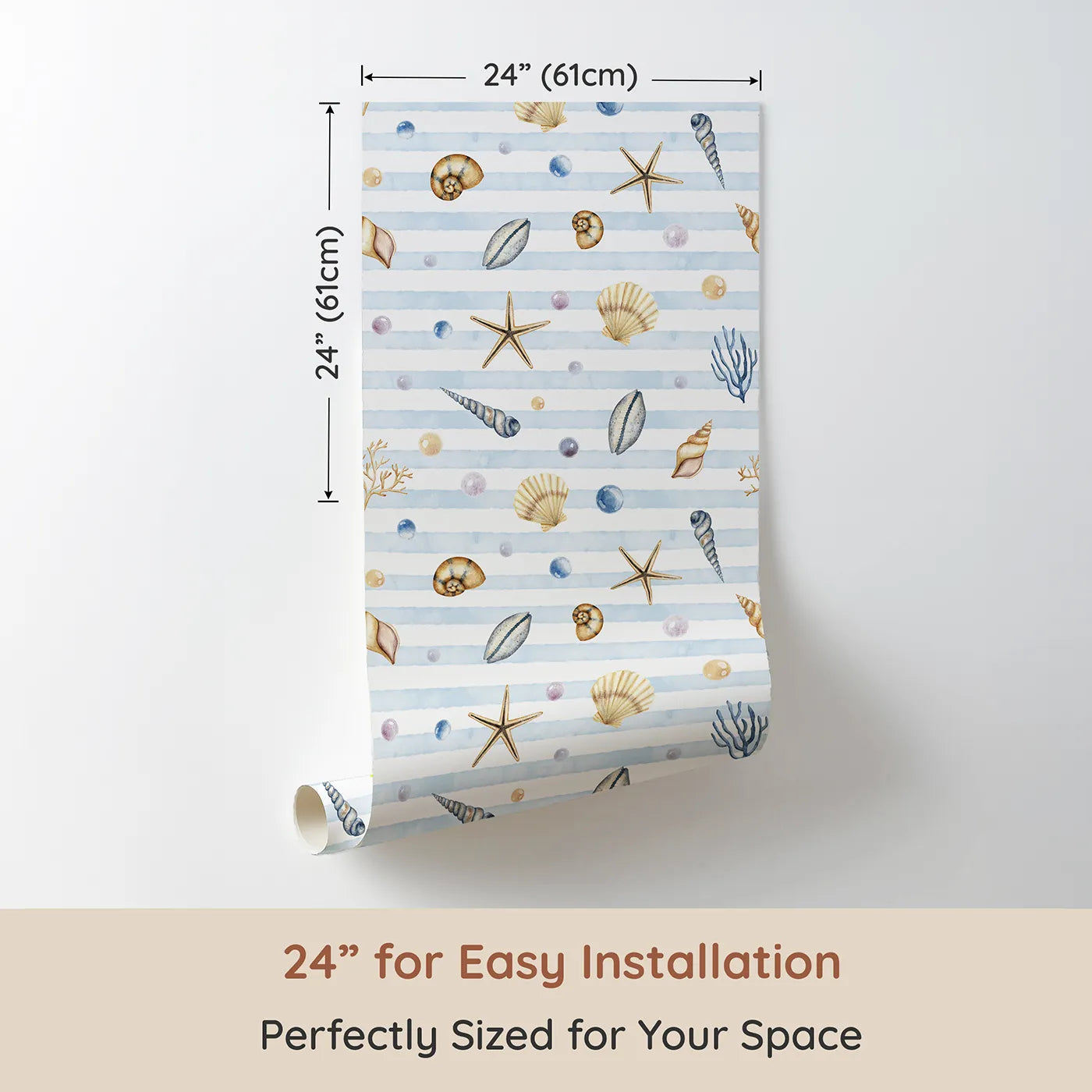 Dimension view of Whimsy Tots Watercolor Seashell Stripes Wallpaper (W2265). Printed in 24-inch-wide panel for easy installation. Where beautiful, hand-painted treasures rest on a soft, sandy stripe.