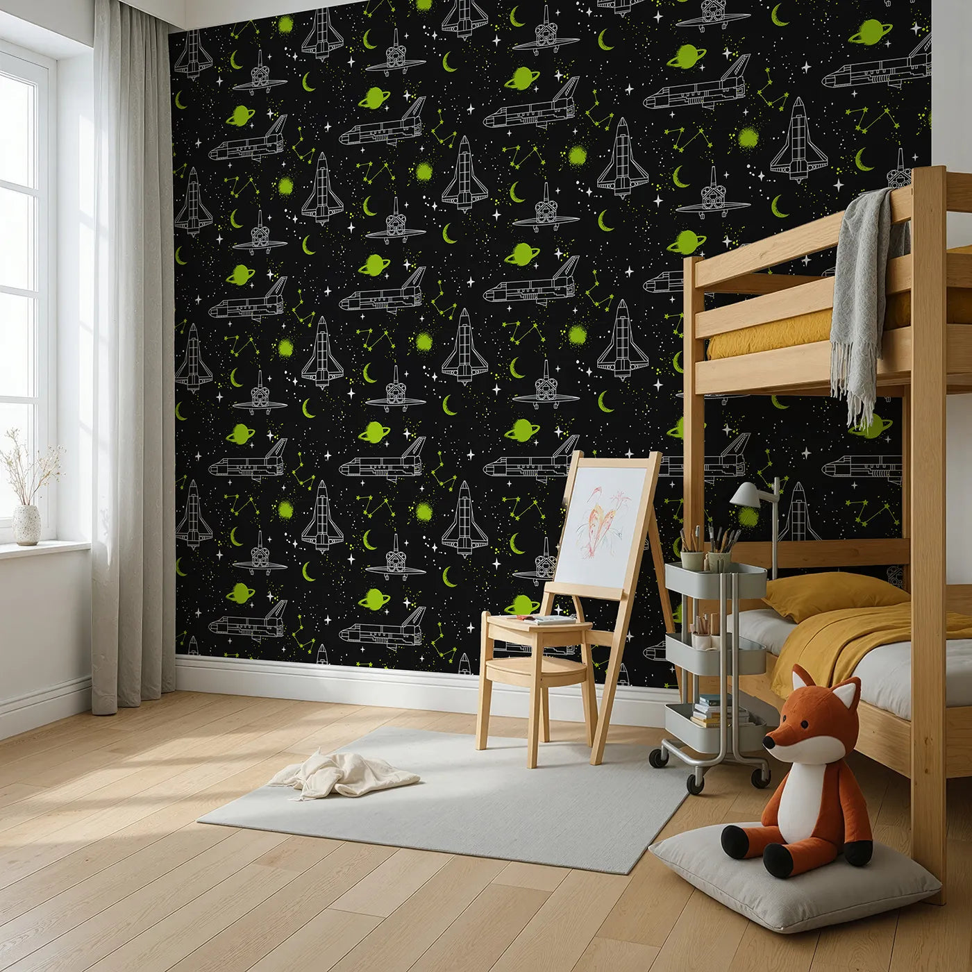 Angled view of Whimsy Tots' Graffiti Space Shuttle Wallpaper (W2266).Where space shuttles are tagged with a splash of neon green.