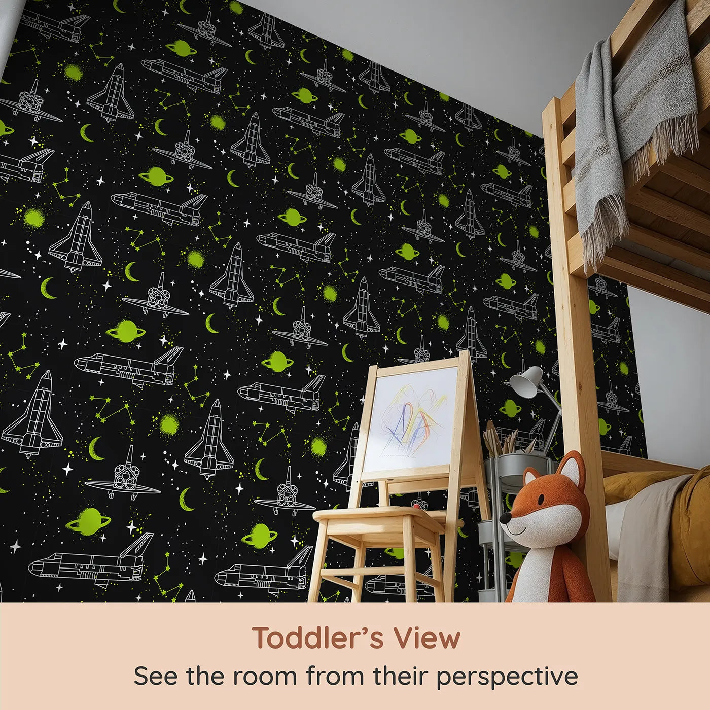 Whimsy Tots Graffiti Space Shuttle Wallpaper (W2266) from your child's view.Where space shuttles are tagged with a splash of neon green.
