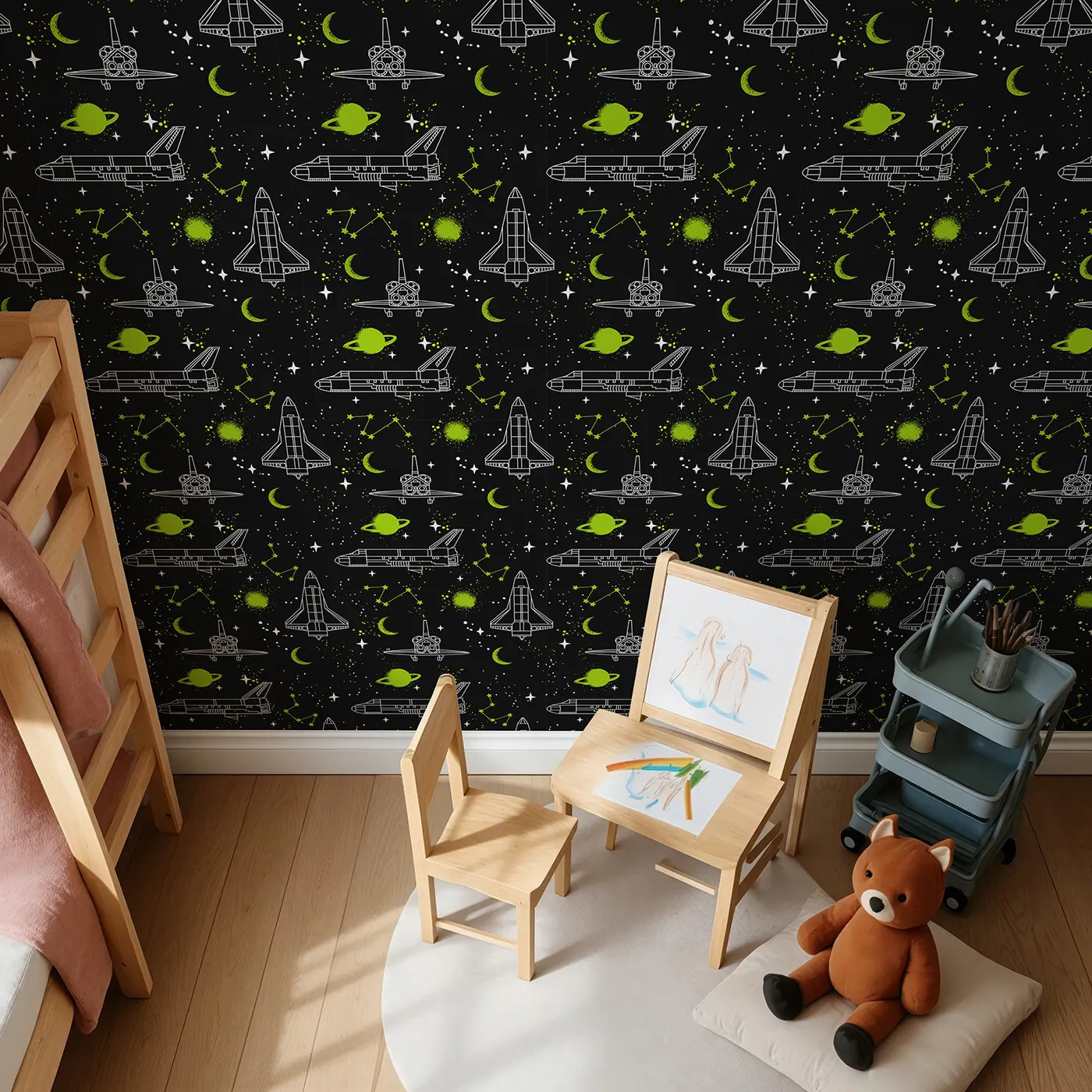 Top-Down view of Whimsy Tots' Graffiti Space Shuttle Wallpaper (W2266).Where space shuttles are tagged with a splash of neon green.