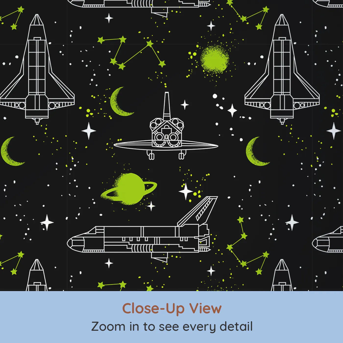 Close-up view of Whimsy Tots' Graffiti Space Shuttle Wallpaper (W2266).Where space shuttles are tagged with a splash of neon green.