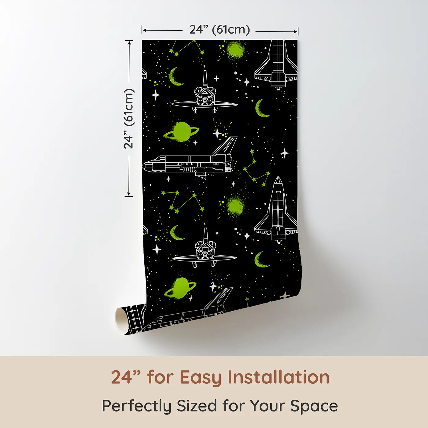 Dimension view of Whimsy Tots Graffiti Space Shuttle Wallpaper (W2266). Printed in 24-inch-wide panel for easy installation. Where space shuttles are tagged with a splash of neon green.