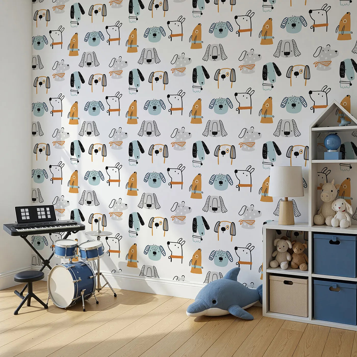 Angled view of Whimsy Tots' Quirky Dog Portraits Wallpaper (W2267).Where a pack of hand-drawn, stylish dogs are waiting to play.