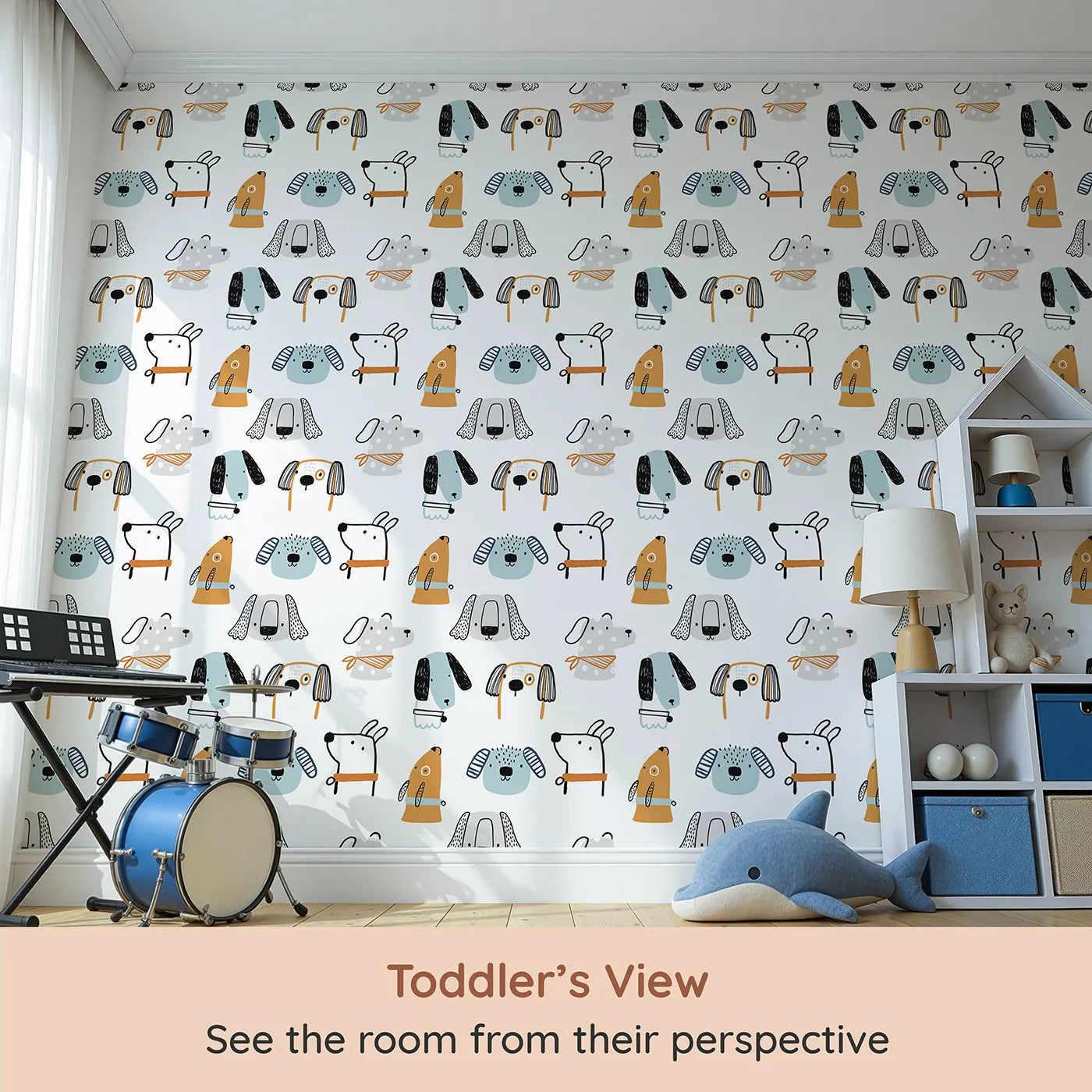 Whimsy Tots Quirky Dog Portraits Wallpaper (W2267) from your child's view.Where a pack of hand-drawn, stylish dogs are waiting to play.